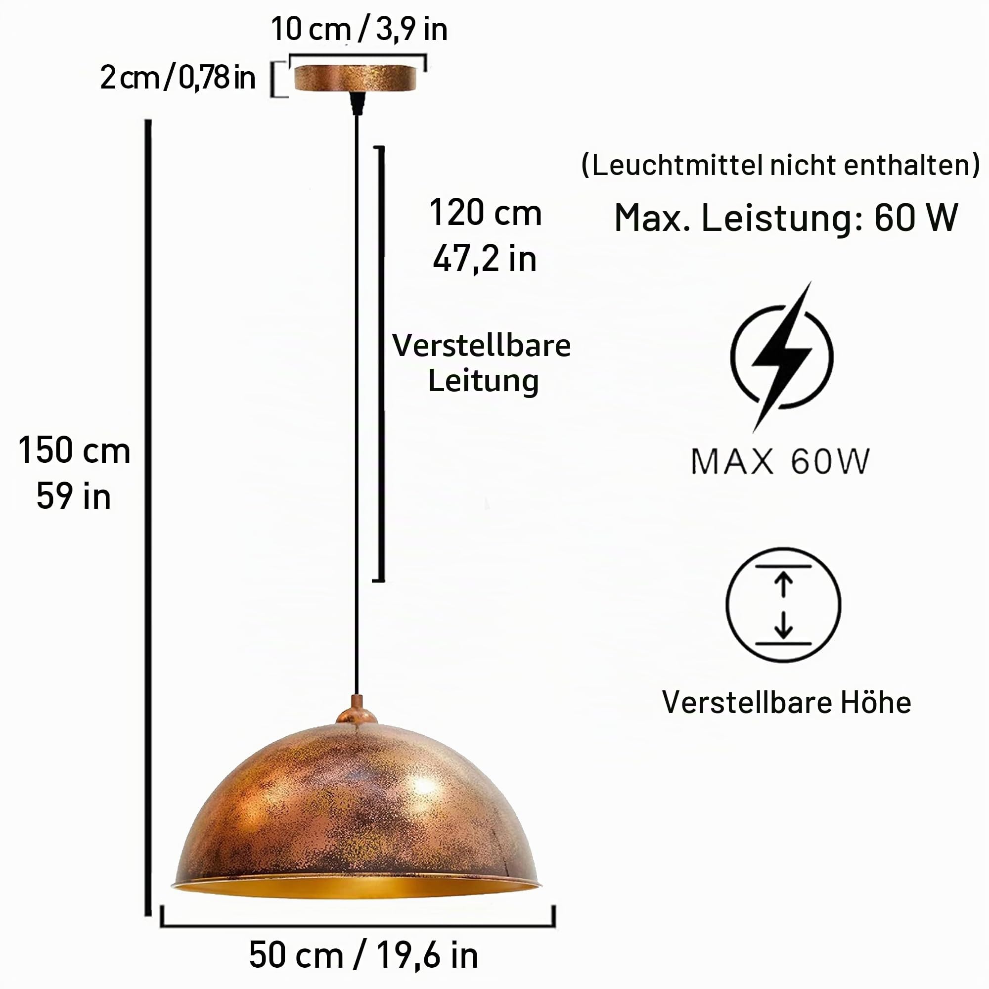 bamyum Hängelampe Esstisch Ø50cm Kupferfarbe, Vintage Große Pendelleuchte Esstisch E27, Hängelampe Wohnzimmer Lampe Handgemalt Vintage Retro Industrial Style, Küchenlampe Hängend, Pendelleuchte Copper
