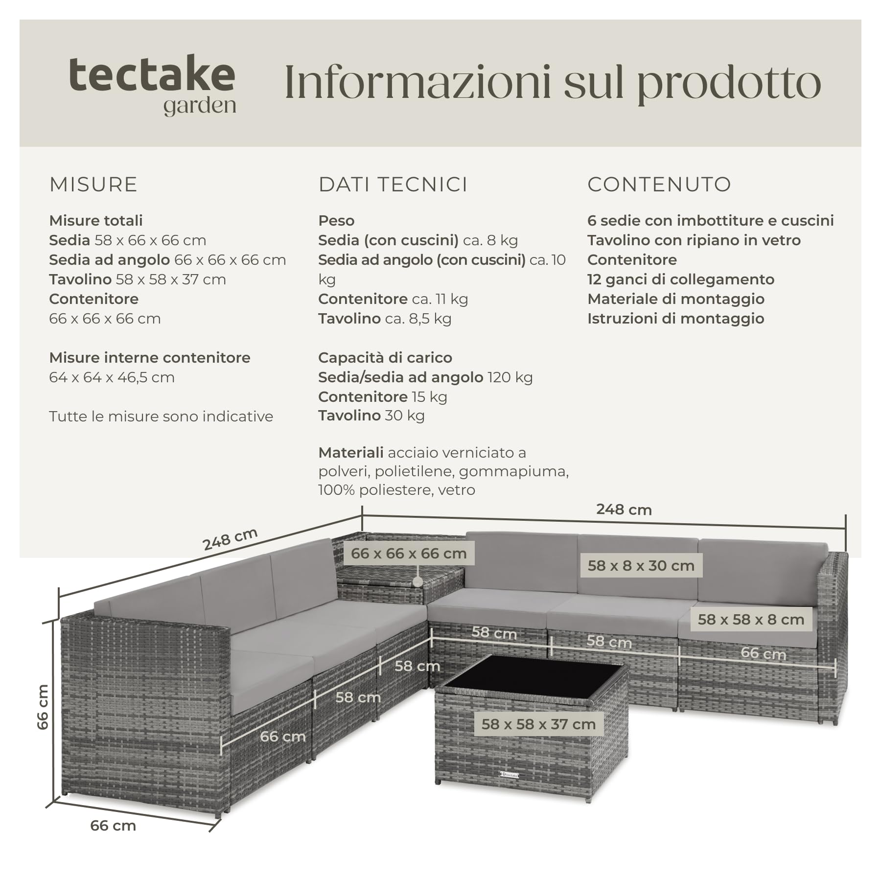 Salottino in Rattan Tectake Set da Conversazioni con Tavolo in Vetro e Box Contenitore Grigio