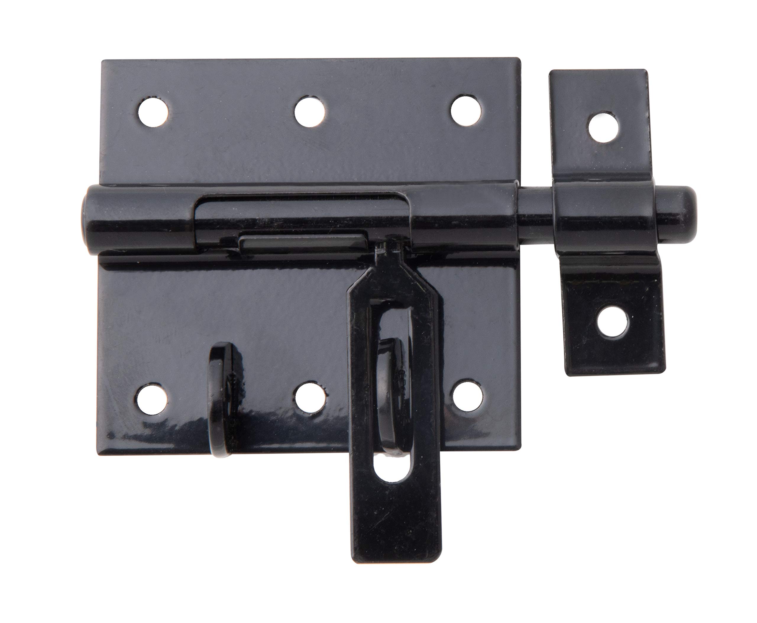 Alberts 137304 Locking tower bolt | with fixed loop | black plastic-coated | plate 70 x 67 mm | bolt Ø 9.5 mm | total length 100 mm