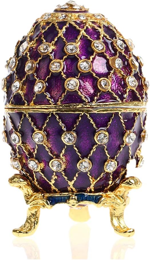 YU FENG(Purple) - Faberge Style Egg Shaped Trinket Box Hinged Jewellery Ring Holder Collectible Figurine Boxes w/ Crystals