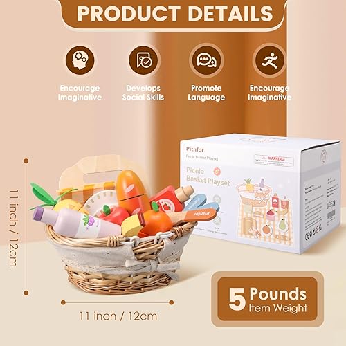 Miniatura 3 de Pithfor Juego de pícnic, juego de comida de madera para niños, cocina de corte, juguete de comida para niños y niñas de 1, 2, 3, 4, 5 años