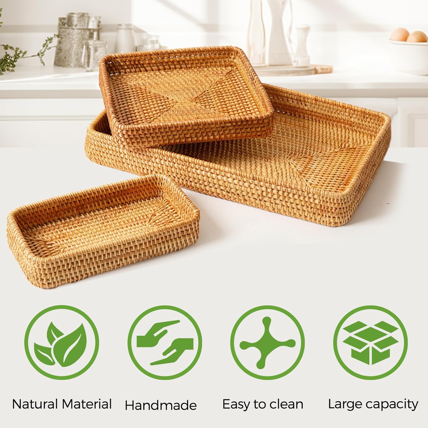 Rattan Serving Tray, Rectangle Basket Set of 3, Wicker Storage and Organizing Baskets, Natural Decorative Woven Tray for Home Decor, Bathroom, Kitchen Counter - Image 7