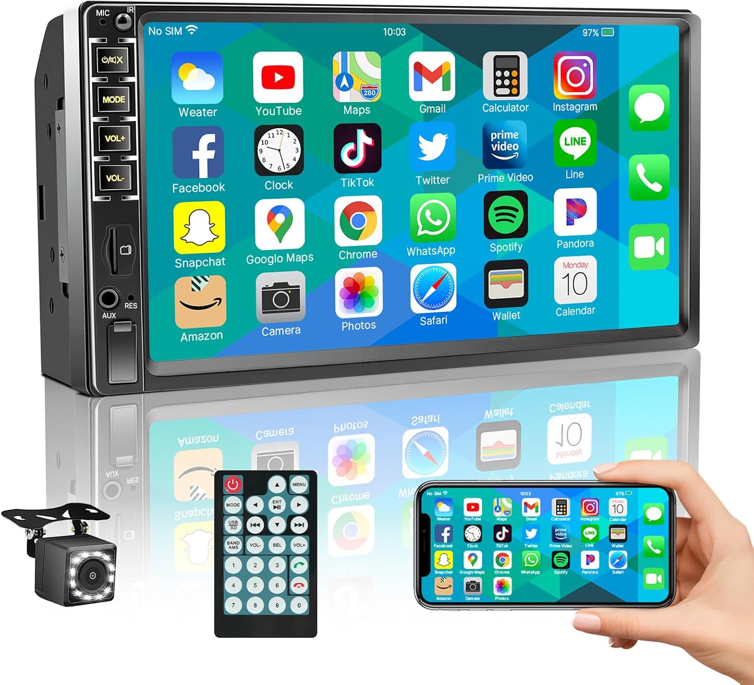 7" Car Stereo Double Din Touch Screen Car Radio Audio Receiver FM Radio Bluetooth Video Remote Control MP5/4/3 Player Android Phone Mirror Link USB/SD/AUX Hands Free Calling with Camera