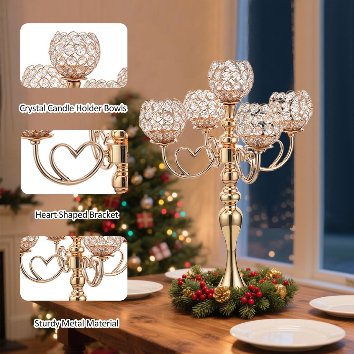 Portacandele A 5 Bracci In Cristallo Dorato - Centrotavola Elegante 55.9 Cm Per Matrimoni E Casa