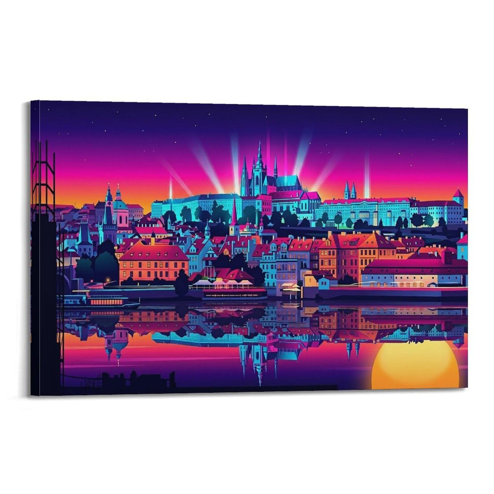 XKUGA Prague Synthwave Travel Scenery Posters Modern Decorative Canvas Prints - Ideal Wall Art for Family, Man Cave, Game Room, Boys & Girls Bedroom 20x30inch(50x75cm)