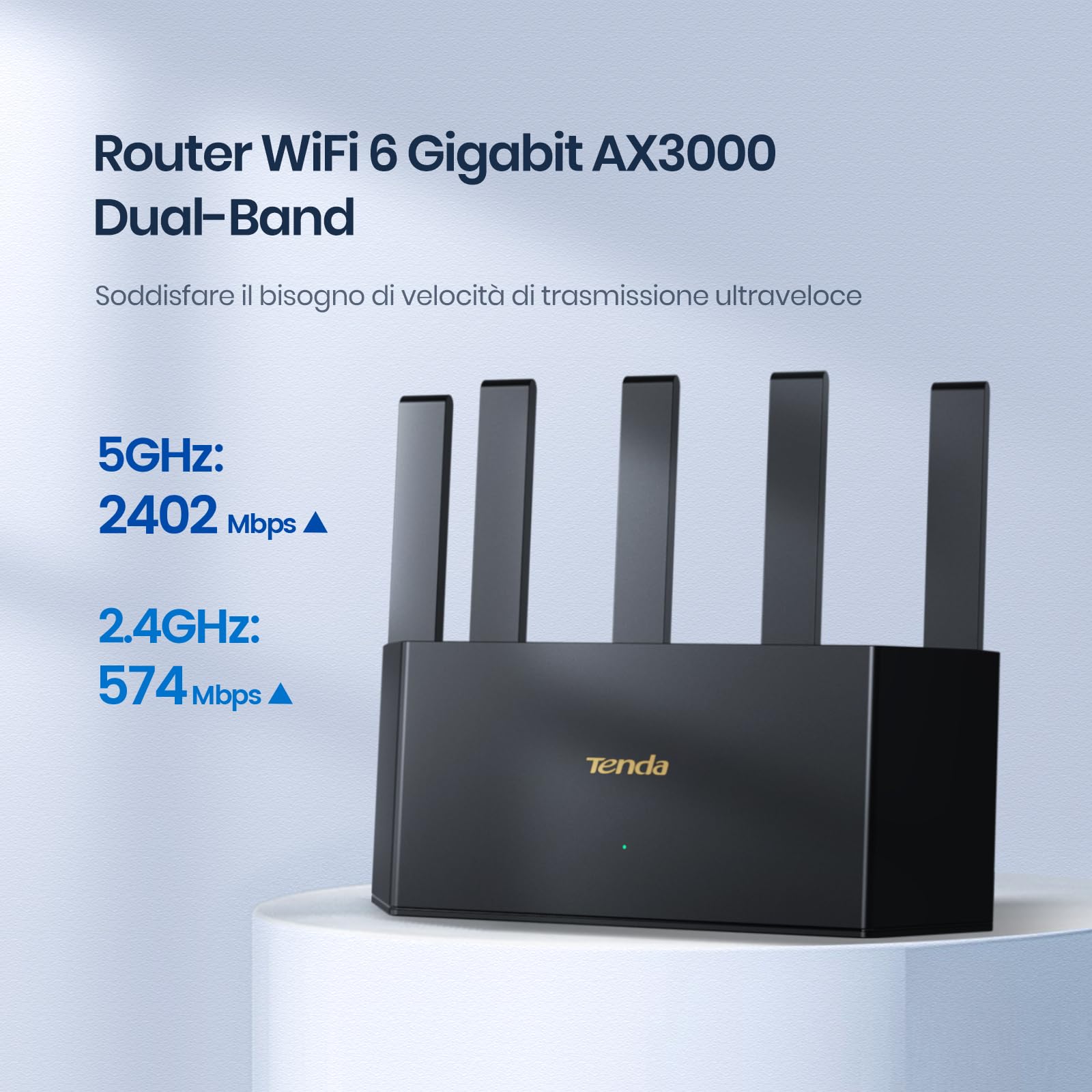 Tenda RX12L Pro Router WiFi 6 Dual-Band AX3000Mbps, Design Verticale, 4 Porte Gigabit, 5 Antenne Ad Alto Guadagno, WiFi+ Copertura, Compatibile con Mesh, Parental Control, Rete Ospiti, WPA3