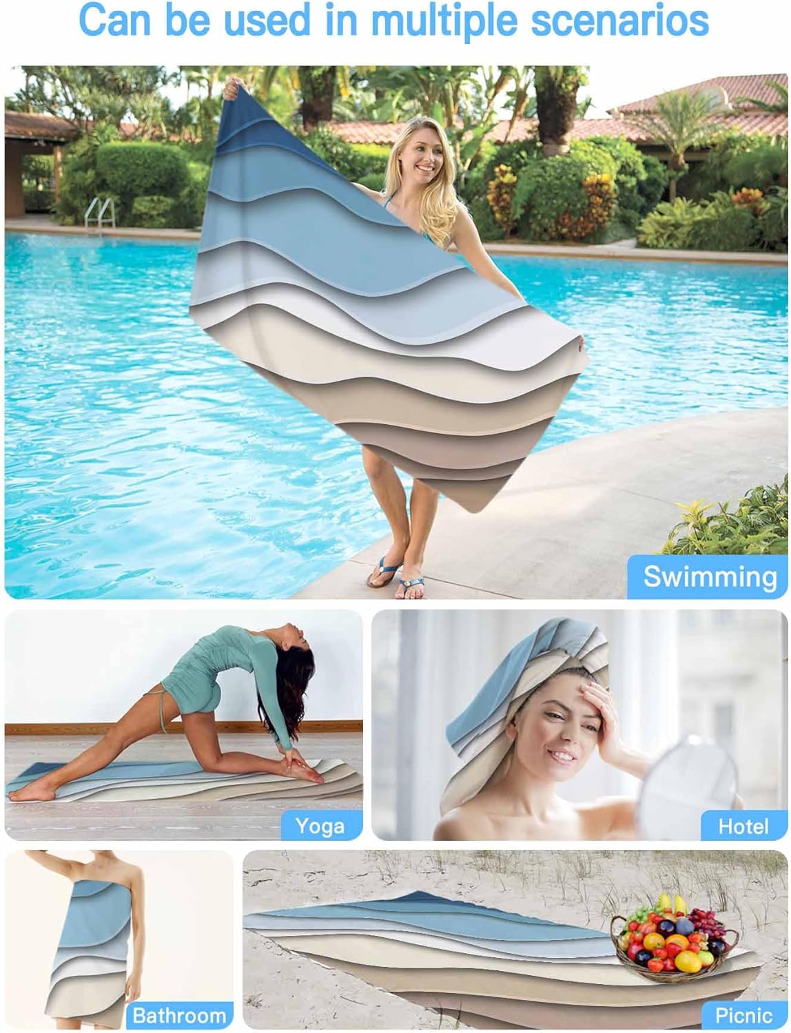 Beach Towel Blue Brown Modern Geometric Bath Pool Towels Ombre Blue Abstract Soft Absorbent Beach Towels Large Quick Dry Lightweight Camping Travel Yoga Gym Swim Towels for Adult Kids 35x70 Inch