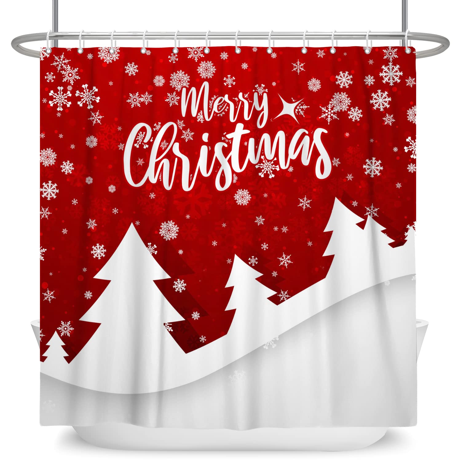 Bovlleetd 180x180cm Tenda da Doccia Buon Natale - Sfondo Rosso con Fiocco di Neve, Pino Bianco Silhouette, Neve che Cade - Impermeabile per Bagno