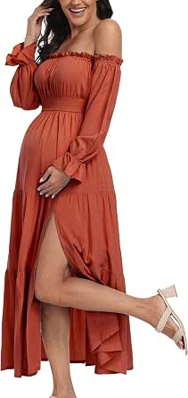 Boho Off Shoulder Maternity Maxi Dress with Long Sleeves and Side Split