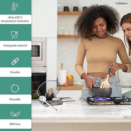 Miniatura 7 de Soporte para utensilios de silicona 3 en 1 con almohadilla de goteo para estufa, acomoda cucharas, cucharones, pinzas, tapas, resistente al calor,