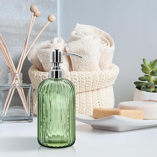 Miniatura 6 de Dispensador de jabón de vidrio de 18 onzas con bomba de acero inoxidable, botella de jabón líquido recargable de diseño moderno acanalado para baño,