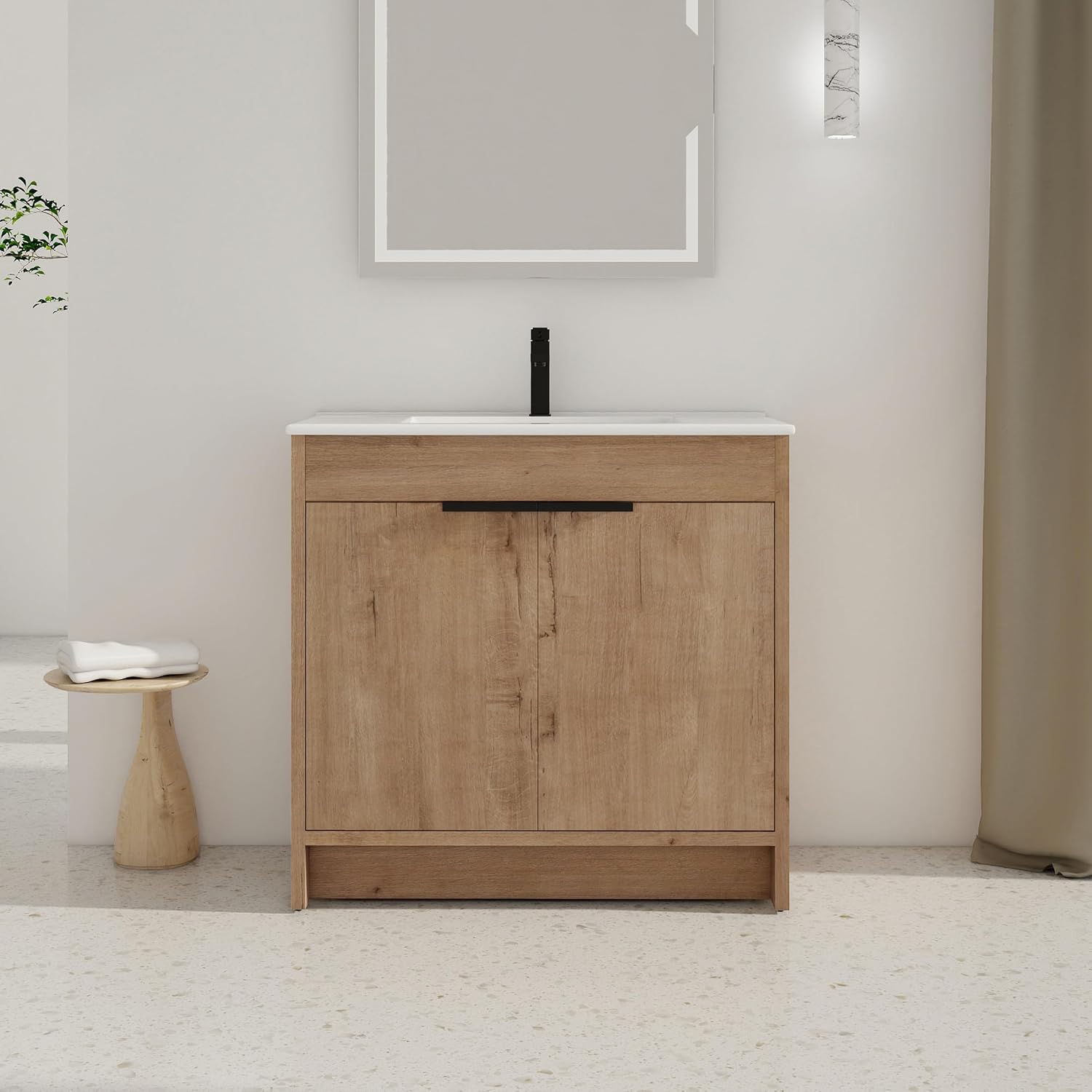 36" Single Bathroom Vanity with Sink Combo Classic Oak Brown Bathroom Vanity Cabinet with White Ceramic Basin Floor Stand Undermount 2-Door Bathroom Sink Cabinet for Small Space