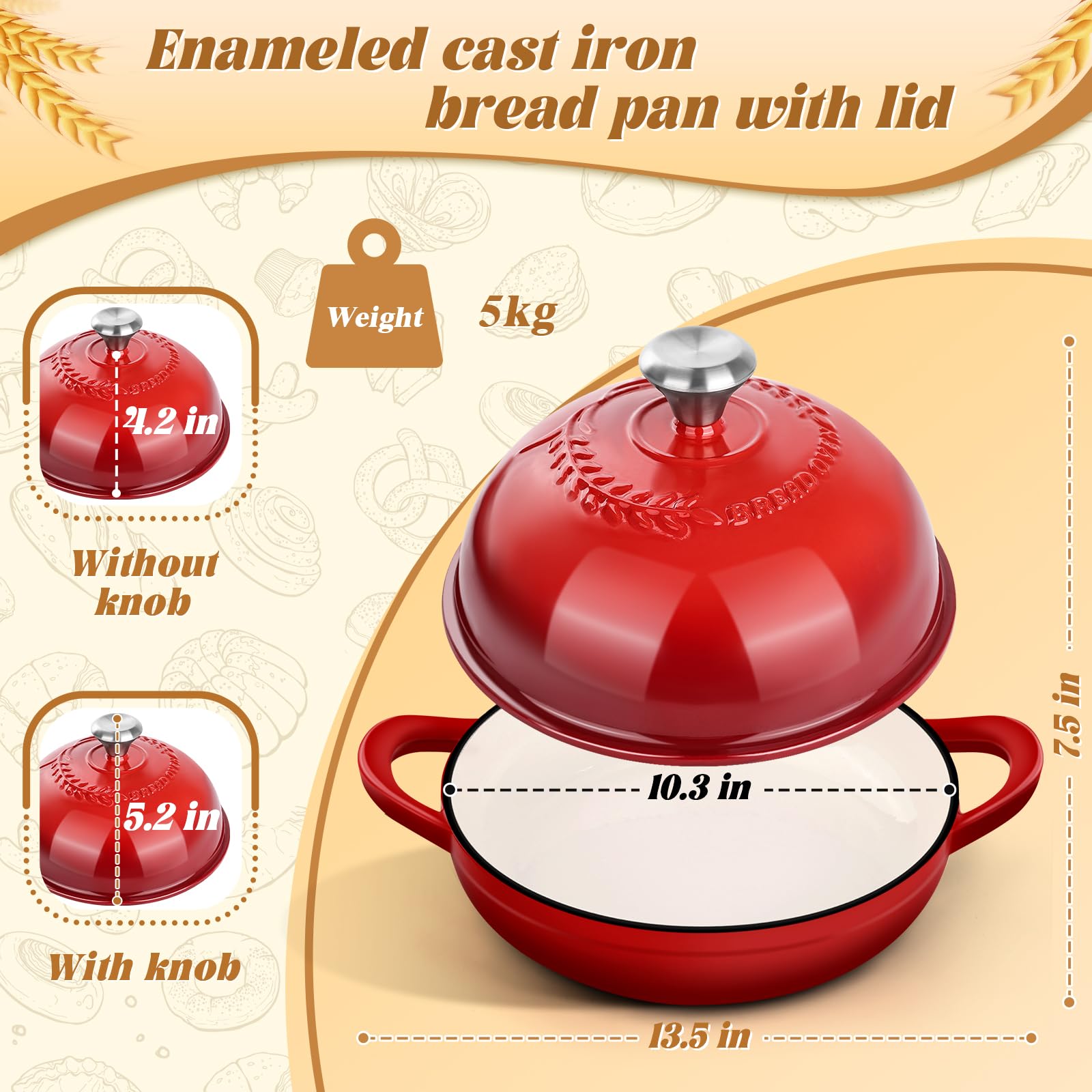NZQXJXZ Pentola in Ghisa, Smaltata, 26 cm Casseruola in Ghisa con Coperchio per la Cottura, Forno Olandese, Casseruola in Cottura in Casa, Forno, Stufa, Coperchio a Rilievo