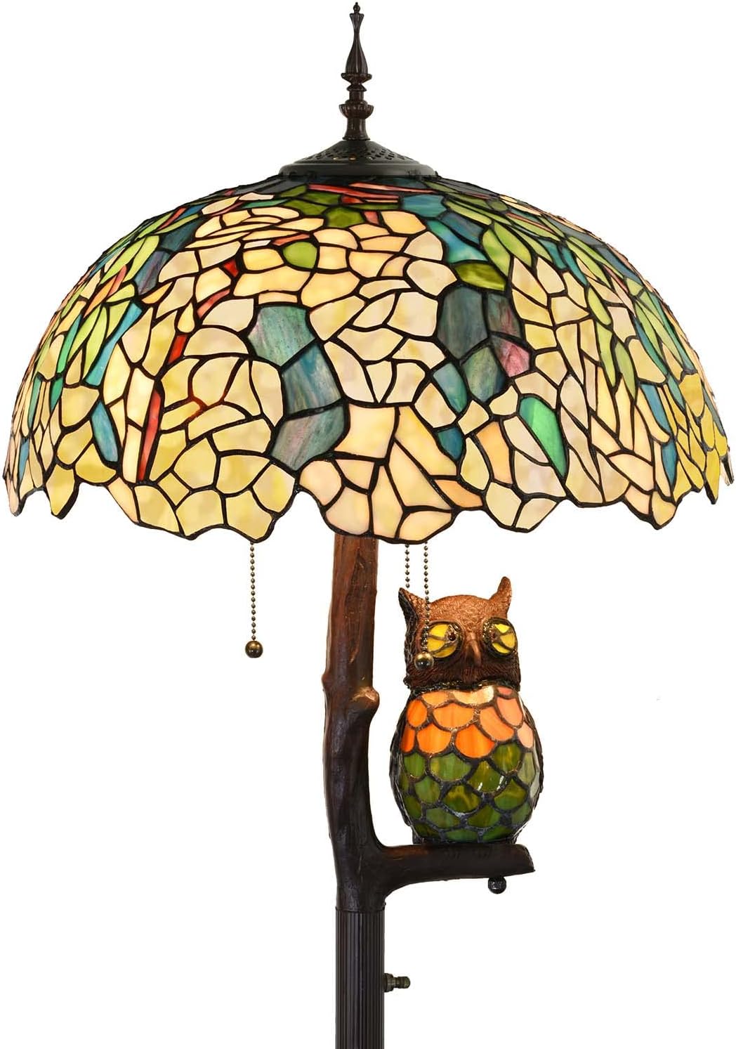 Bieye L10840 Wisteria Gold Laburnum Tiffany Style Stained Glass Floor Lamp with Owl Night Light Double Lit 4-Light, 18x18x65 Yellow