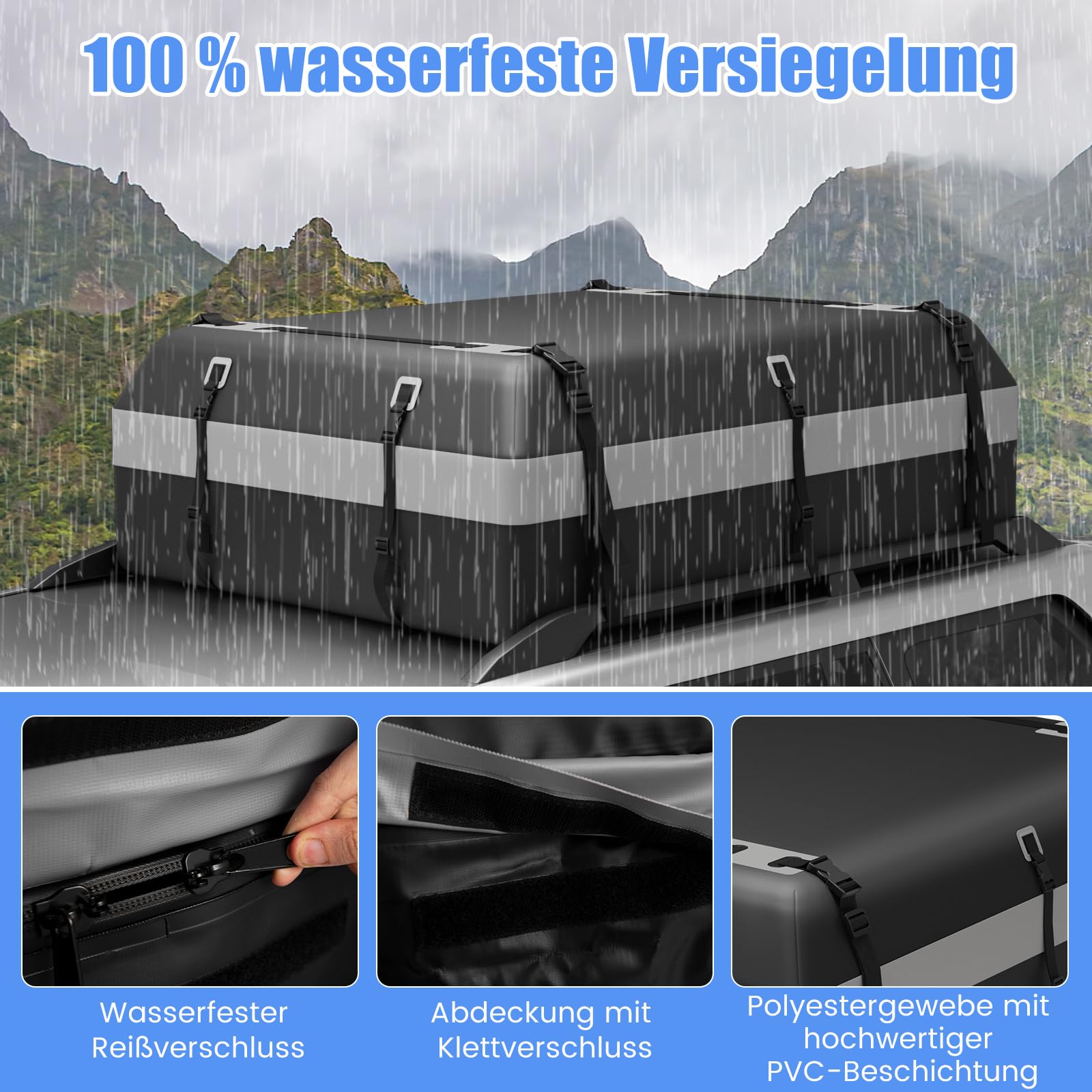 COSTWAY 600L Dachbox für Auto, 600L Dachkoffer wasserdicht mit 6 Türhaken, Zahlenschloss, Rutschfester Matte & Tragetasche, Faltbare Dachtasche Gepäckbox für Autos, Vans, SUVs (Grau)