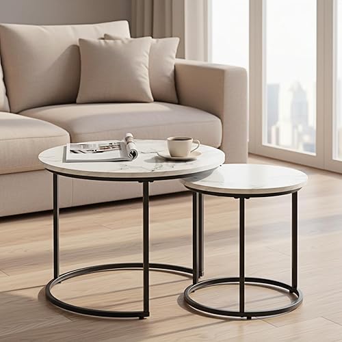 Miniatura 7 de Juego de 2 mesas de centro redondas anidadas, modernas mesas anidables de vidrio, mesa auxiliar minimalista apilable para sala de estar, dormitorio,