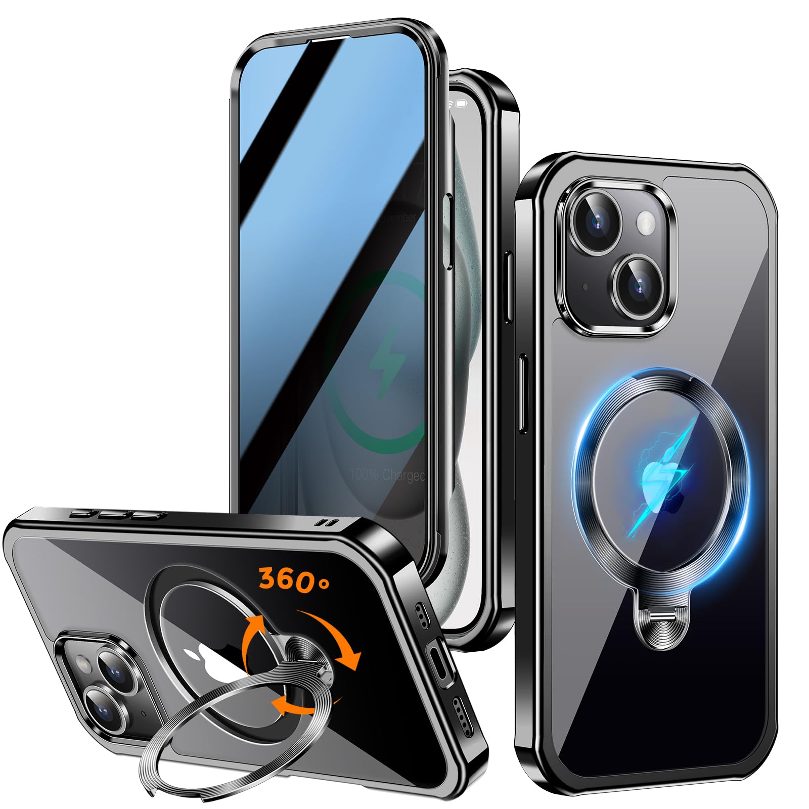 Upholyee [360° Rotatable CD Stand & Built-in Privacy Screen Magnetic Case for iPhone 15 [Compatible with MagSafe & Full Signal] Mil-Grade Shockproof