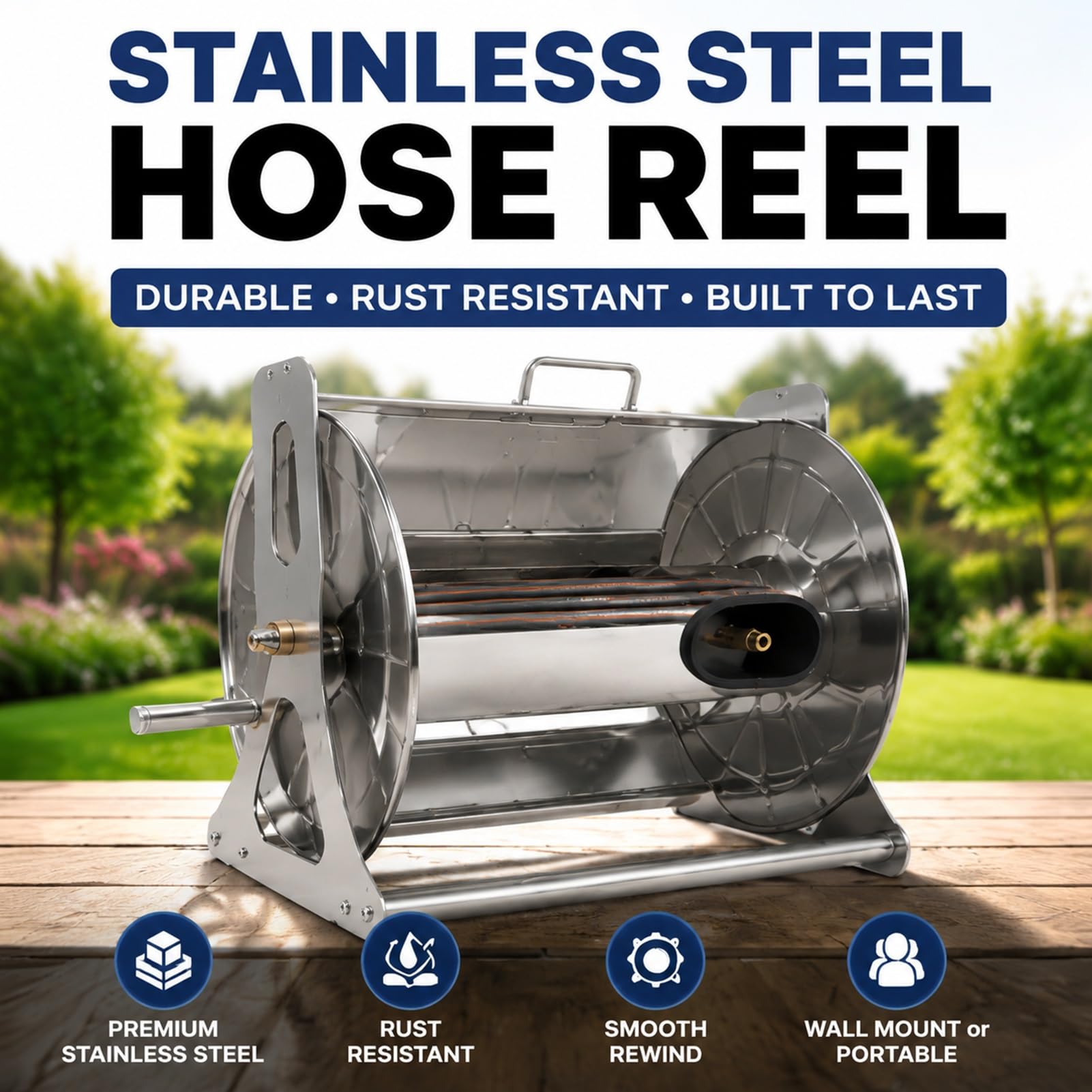 Stainless Steel Garden Hose Reel Wall Mount Heavy Duty Zwijacz Węża Ogrodowego z Rączką do Nawadnianie Ogród Taras Garaż Użycie Zewnętrzne Trwały i Solidny(Wall-Mounted)