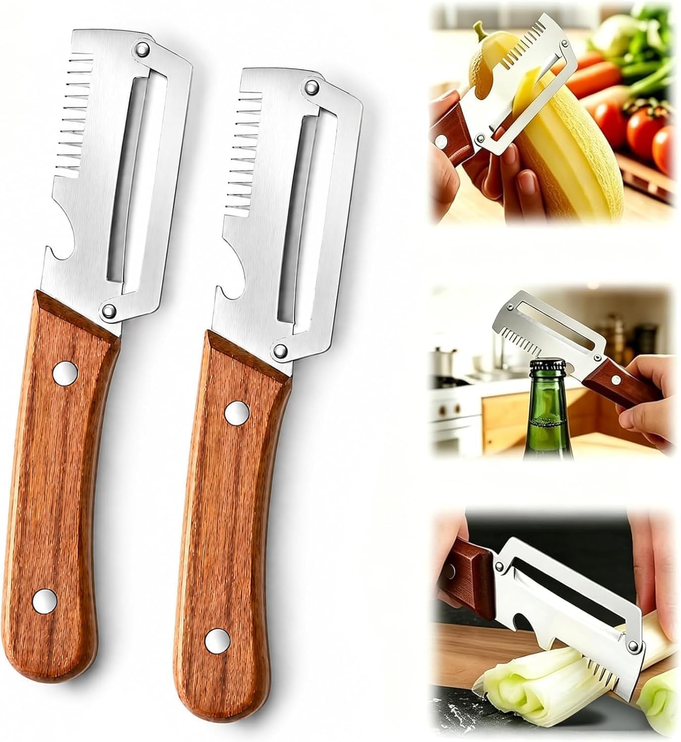 2pack Multifunctional Vegetable Peeler, 3 in 1 Multi Functional Wooden Handle Peeler and Bottle Opener, Kitchen Gadgets Tool for Fruit Pumpkin Peeling Potato Carrot Veggie Peeler