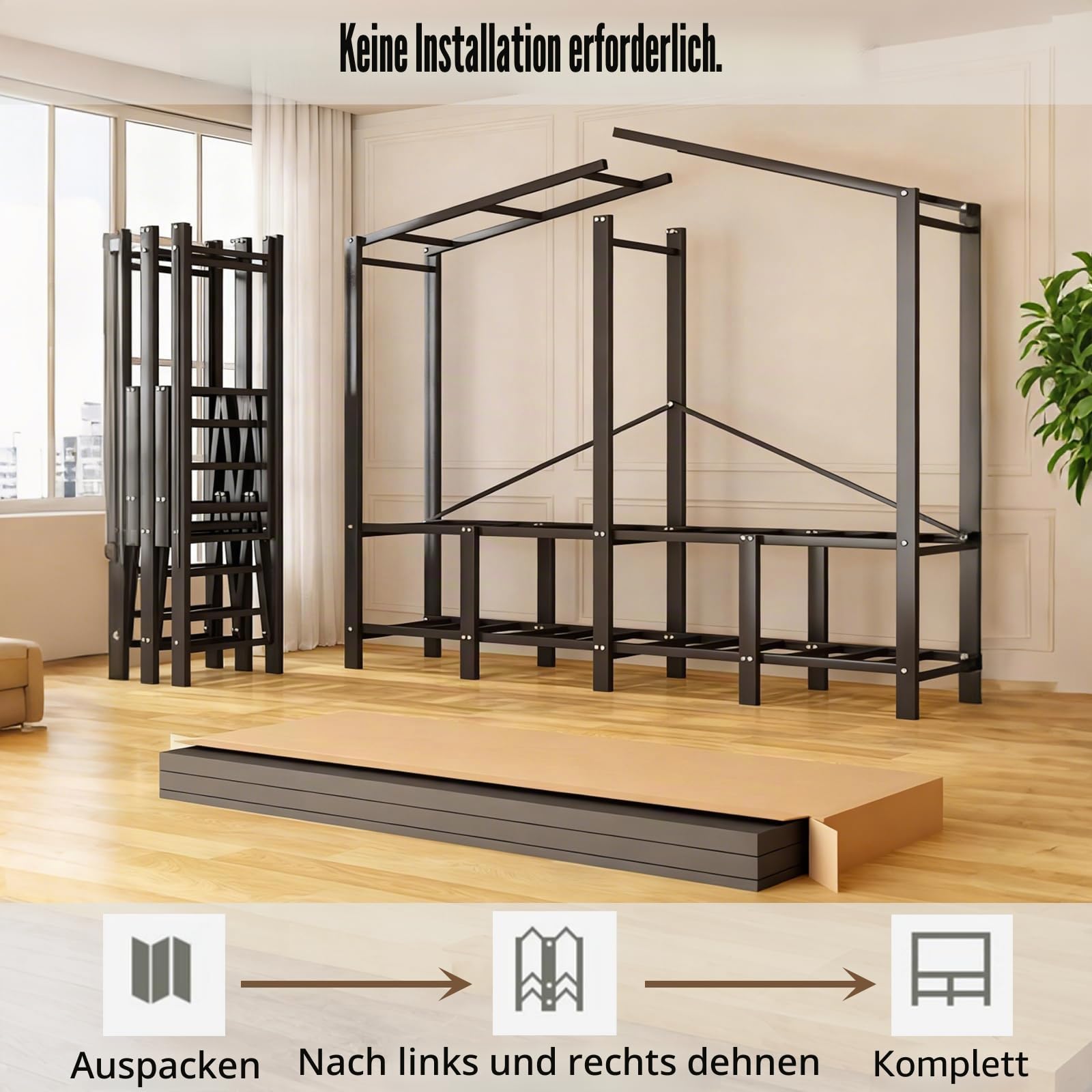 Faltbarer Kleiderschrank mit Magnettür, Tragbarer mit Großer Kapazität, Metall Faltschrank aus Stahlrohr, 500kg Tragfähigkeit, Garderobenschrank zum Aufhängen von Kleidung (Schwarz, 150cm)