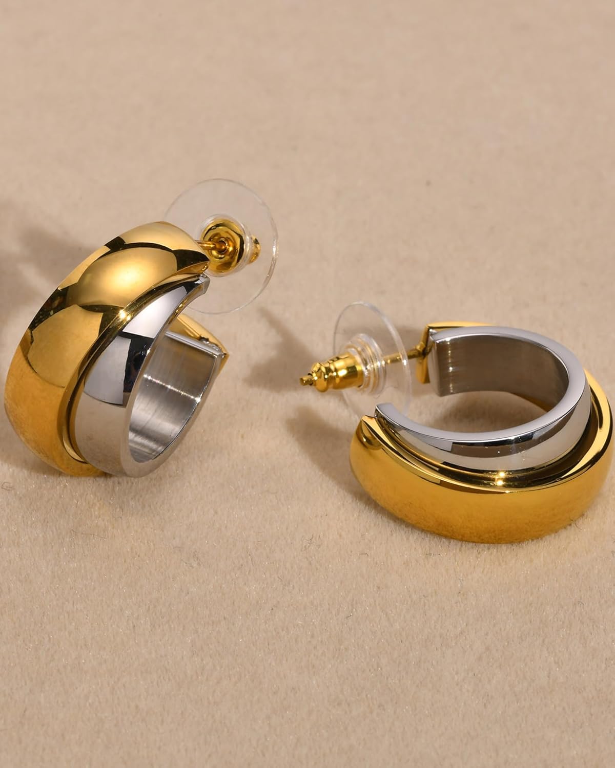 Chunky Hoop Earrings for Women 14k Gold Plated Mixed Metal Earrings Two Tone Hoop Earrings Gold and Silver Hoops Earrings Double C-Shaped Earrings Trendy Jewelry Gifts - Image 5