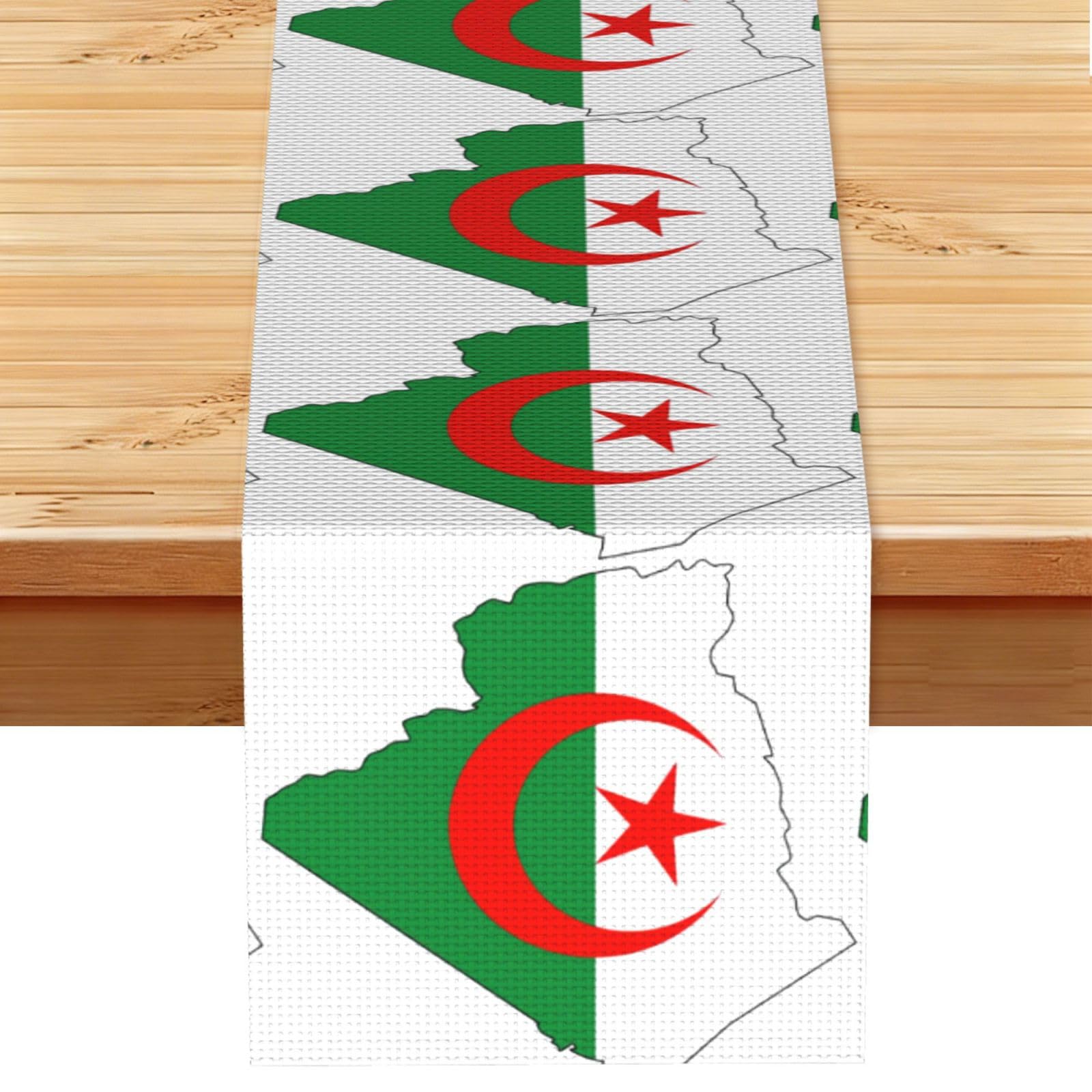Algeria Flag Map Printed Table Runner 13 x 72, Wrinkle Resistant Decor for Dining Table Coffee Table Fireplace