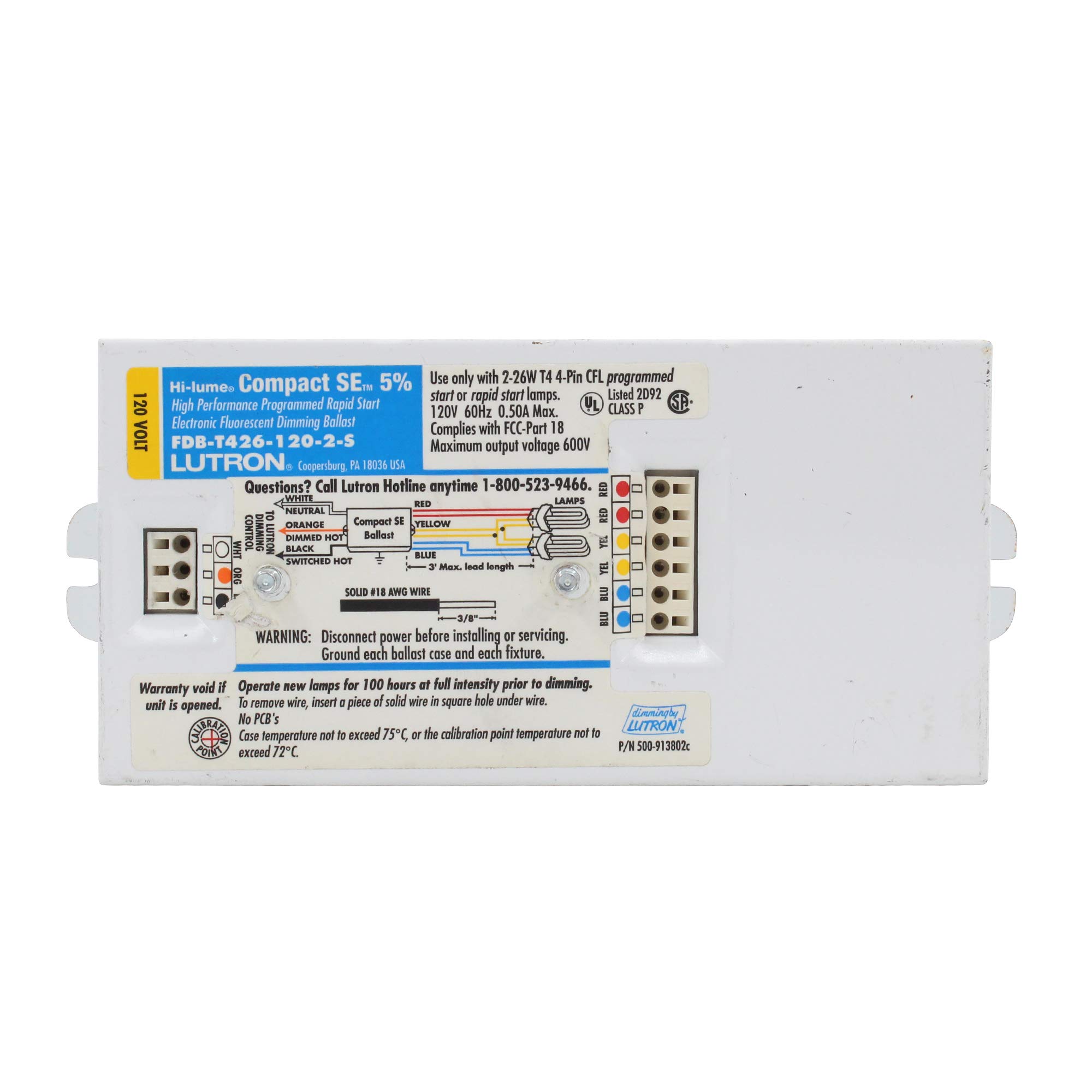 LutronFDB-T426-120-2-S Fluorescent Dimming Ballast, 2-Lamp, CFL 4-Pin T4 26W, 120V