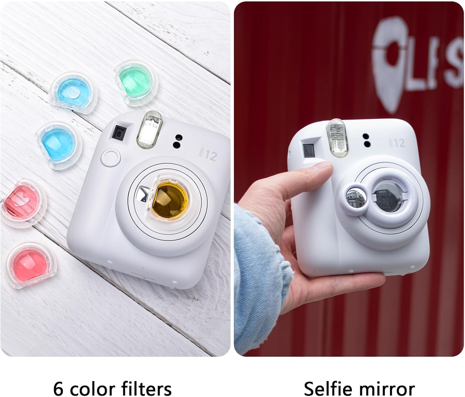 Rieibi Accessories for Fujifilm Instax 12, Gift Bundle Includes Clear Case with Strap, Mini Photo Album, Selfie Mirror, DIY Stickers, Color Filter (No Camera) - White