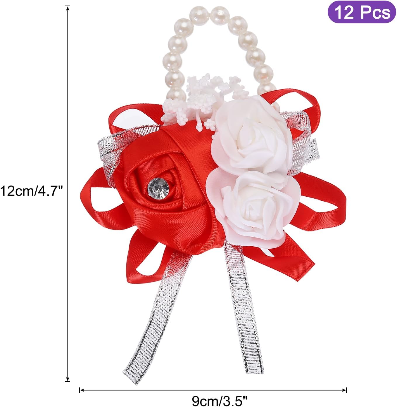 MECCANIXITY 12Pcs Wrist Corsage Artificial Flower Bracelets Rose Wrist Bride Groom Decorative for Wedding Ceremony Prom Party Anniversary Red