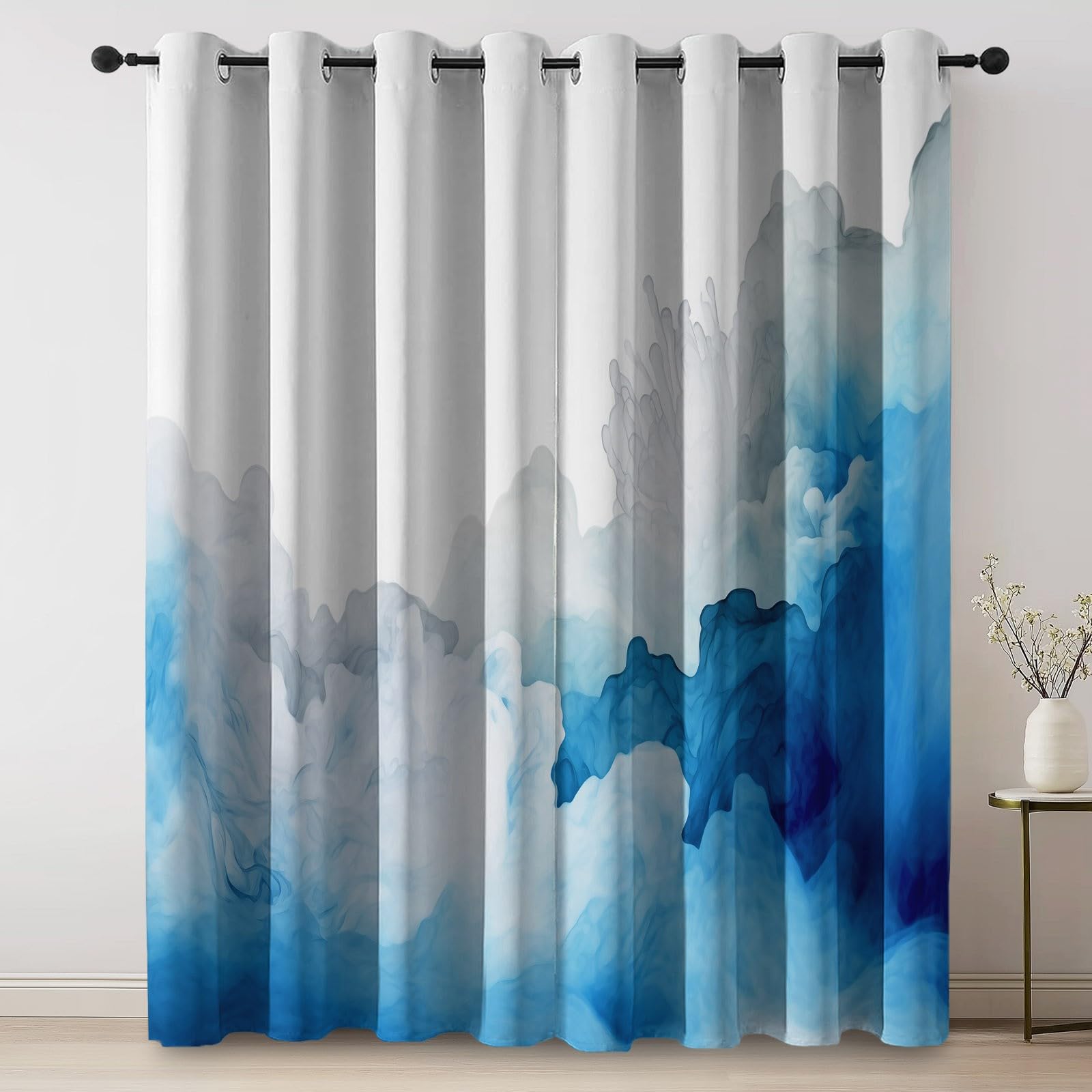 Rideau Occultant 117L X 138H cm (2 Panneaux) Abstrait Aquarelle Nuages Imprimés, Rideau Thermique Isolant Anti Chaleur Tenture Opaque à Oeillets Isolation Anti UV Chambre Salon, Bleu Blanc