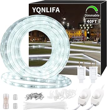40ft LED Rope Lights, Dimmable IP65 Waterproof Outdoor Linkable Cuttable | 432 LEDs, Indoor, 110V, 6000K, Daylight White, for Christmas Patio Garden Corridor Party Decor