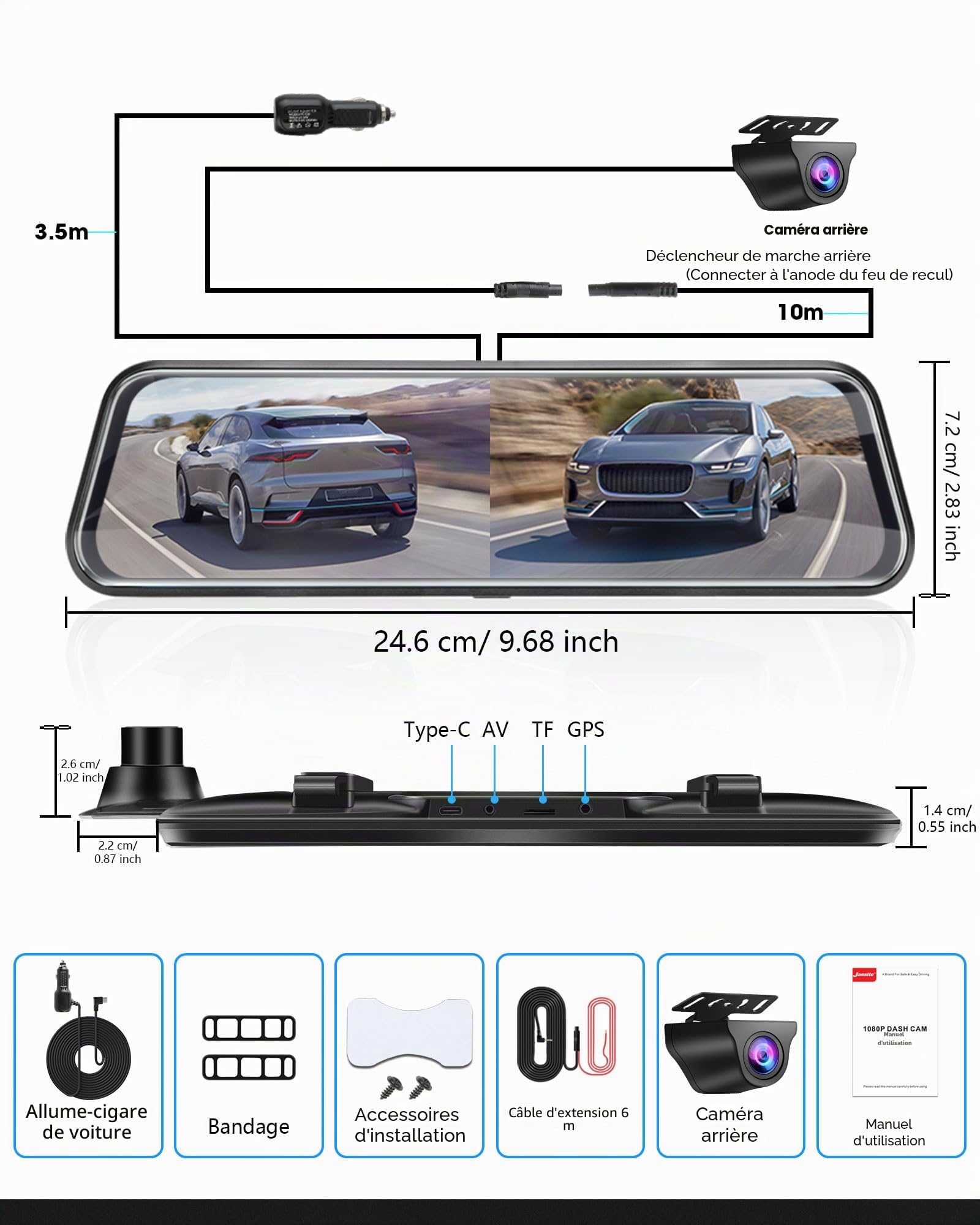 Vtopek 10" Dashcam Voiture Rétroviseur avec Caméra de Recul 1080P pour SUV