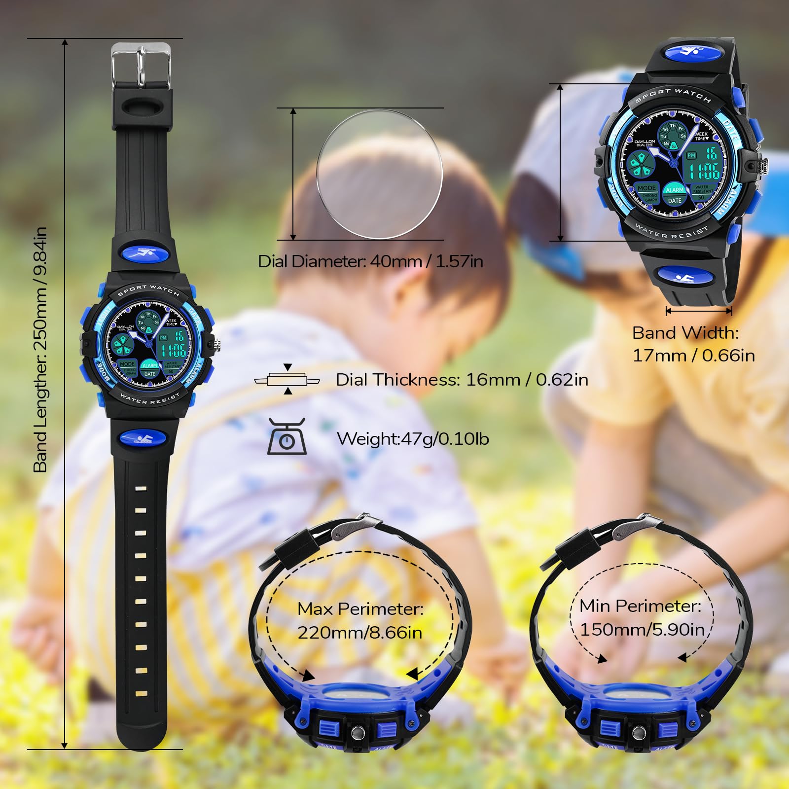 Dayllon Orologi per bambini, ragazzi età 5-15, orologio analogico digitale per bambini, blu, Blu