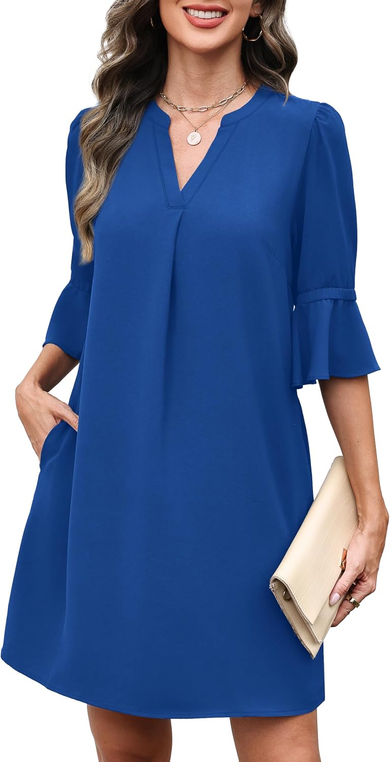 rumia shift dress for women v neck ruffle sleeve loose summer office work casual dress royalblue large