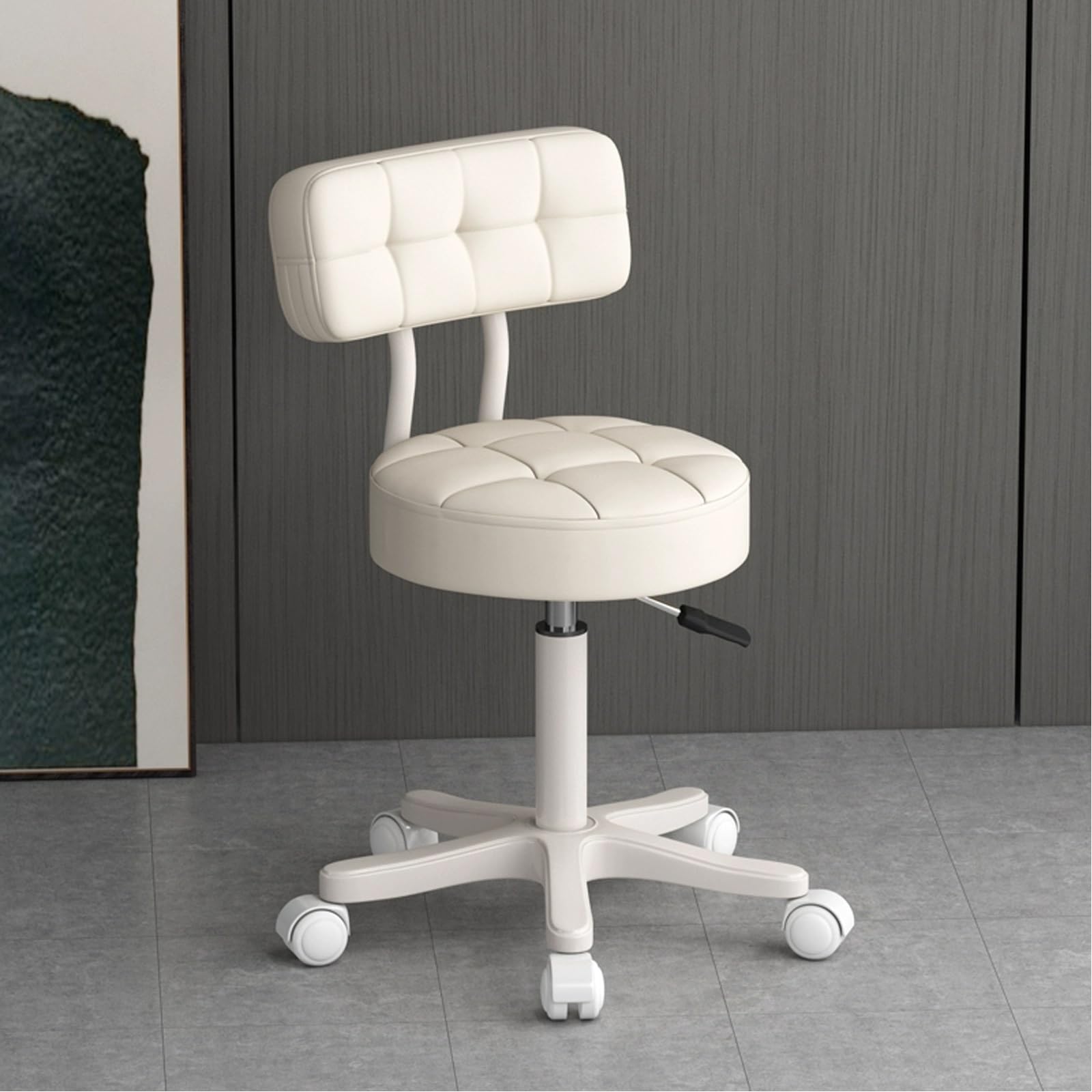 Sgabelli girevoli con Ruote e Schienale in Pelle PU, Altezza Regolabile da 16" a 20", Sedia da Salone per Parrucchieri, Seduta Spessa Imbottita, Vari Colori (Bianco)
