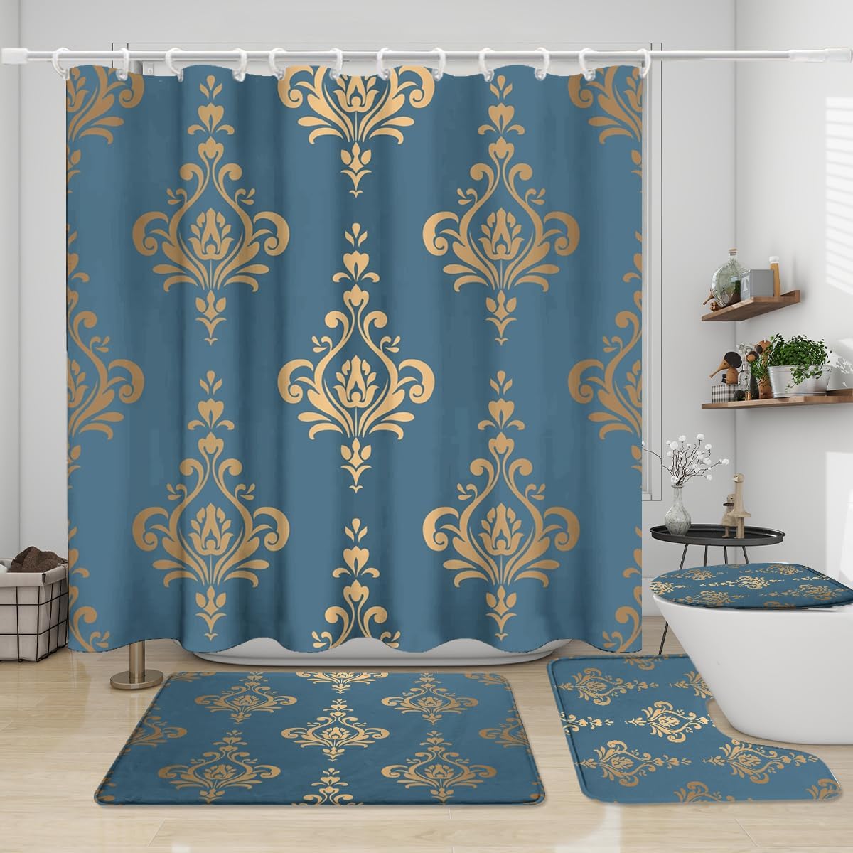 Luxury Baroque Blue Damask 4 Pcs Shower Curtain Sets,Vintage Traditional Boho Golden Damask Medallion Print Non-Slip Rugs,Toilet Lid Cover Bath Mat,Durable and Waterproof,for Bathroom