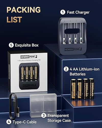 Miniatura 7 de Henreepow AA - Batería recargable de litio de 1.5 V, batería real de iones de litio AA de alta capacidad de 3000 mWh (2000 mAh) con cargador rápido