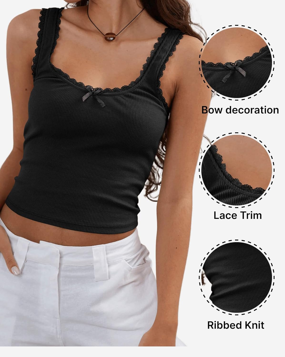 Women's Lace Trim Ribbed Tank Tops, Sexy Square Neck Wide Strap Camisole with Bow, Slim Fit Y2K Going Out Cami Tops - Image 5