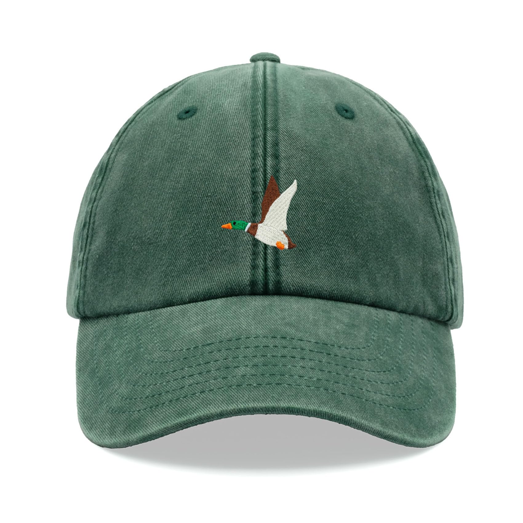 Flying Duck Baseball Cap Vintage Washed Unisex Dad Hat Adjustable Mallard Bottle Green