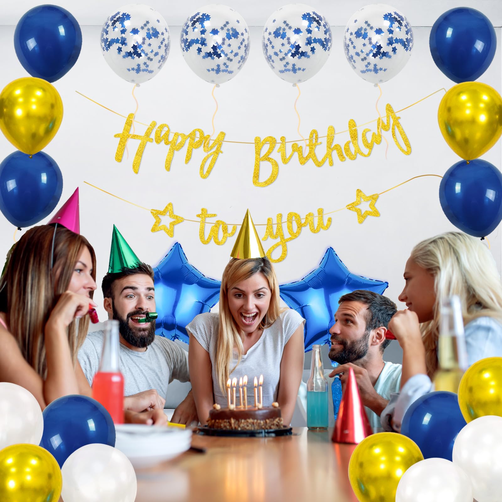 iPartycool Navy Blue Gold Birthday Decorations, Happy Birthday to You Banner with Stars, 3D Foil Big Star Confetti Metallic Balloons for Kids Girls Boys Men Women Adults Ecofriendly Party Supplies