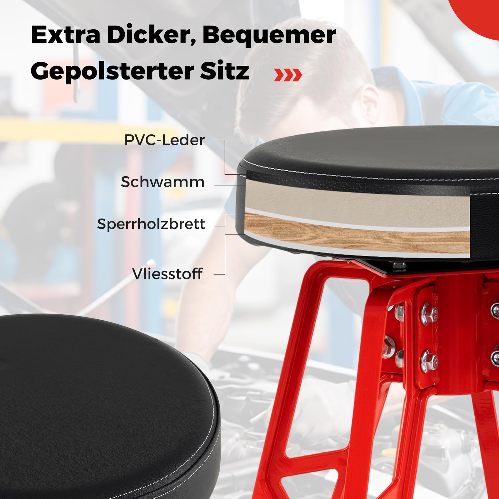 COSTWAY Werkstatthocker Hoch, Werkstattstuhl mit 360° drehbarem Sitz & Fußstütze, Werkstatt Hocker gepolstert aus Aluminiumlegierung bis 181 kg belastbar, Mechanikerhocker Werkstattsitz für Garage