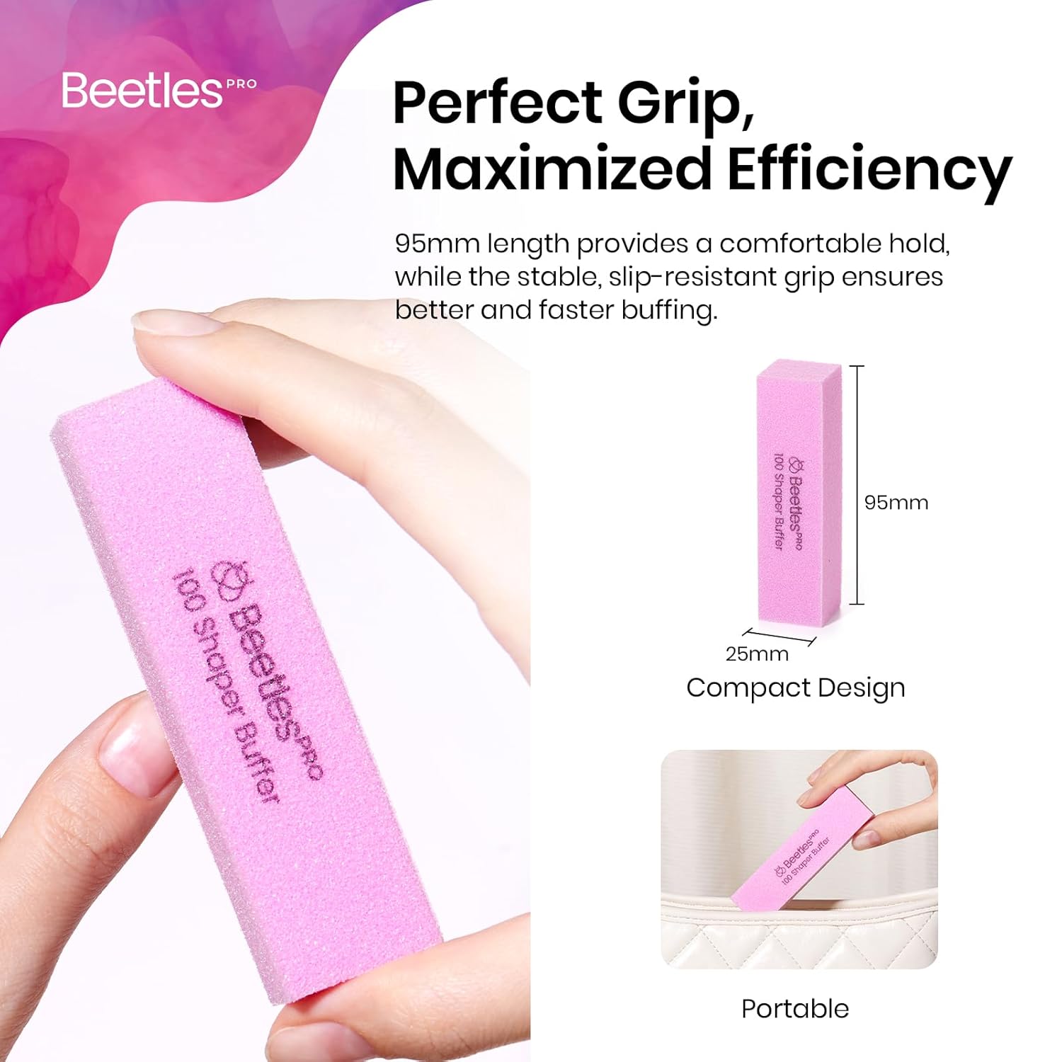Beetles Pro Nail Buffer Sanding Block, 50 Pcs 100 Grit Polisher Buffing File 4 Sides Nail Files Pink Art Pedicure Manicure File