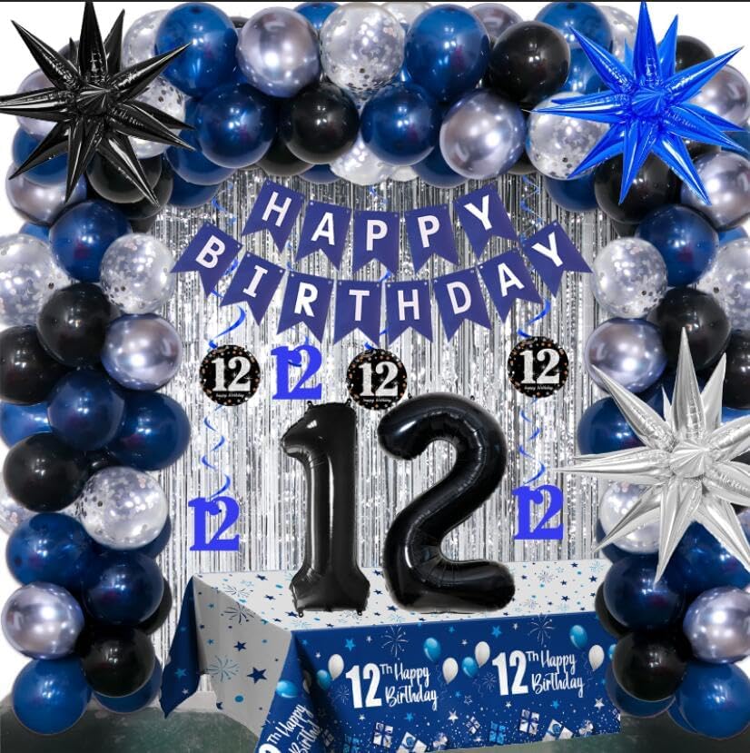 12th Birthday Decorations for Boys and Girls Dark Blue, 12 Year Old Party Supplies with HAPPY BIRTHDAY Banner 12 Balloon Number Tablecloth Foil Star Balloons Garland Arch Kit