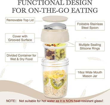 SOLIGT 2 Pack Overnight Oats Containers with Lids, Folding Spoons and Divided Compartments for Fruit & Nuts, Small Glass 16oz Mason Jars for Oatmeal Yogurt Parfait (2 Set-Oat White/Oat White)