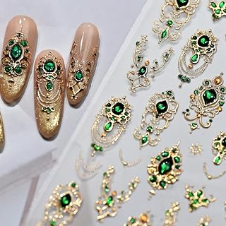 5D Embossed Gemstone Nail Stickers Gold Nail Art Stickers Decals with Green Mace Design Nails Charms Self-Adhesive for Women Girls Manicure Decoration