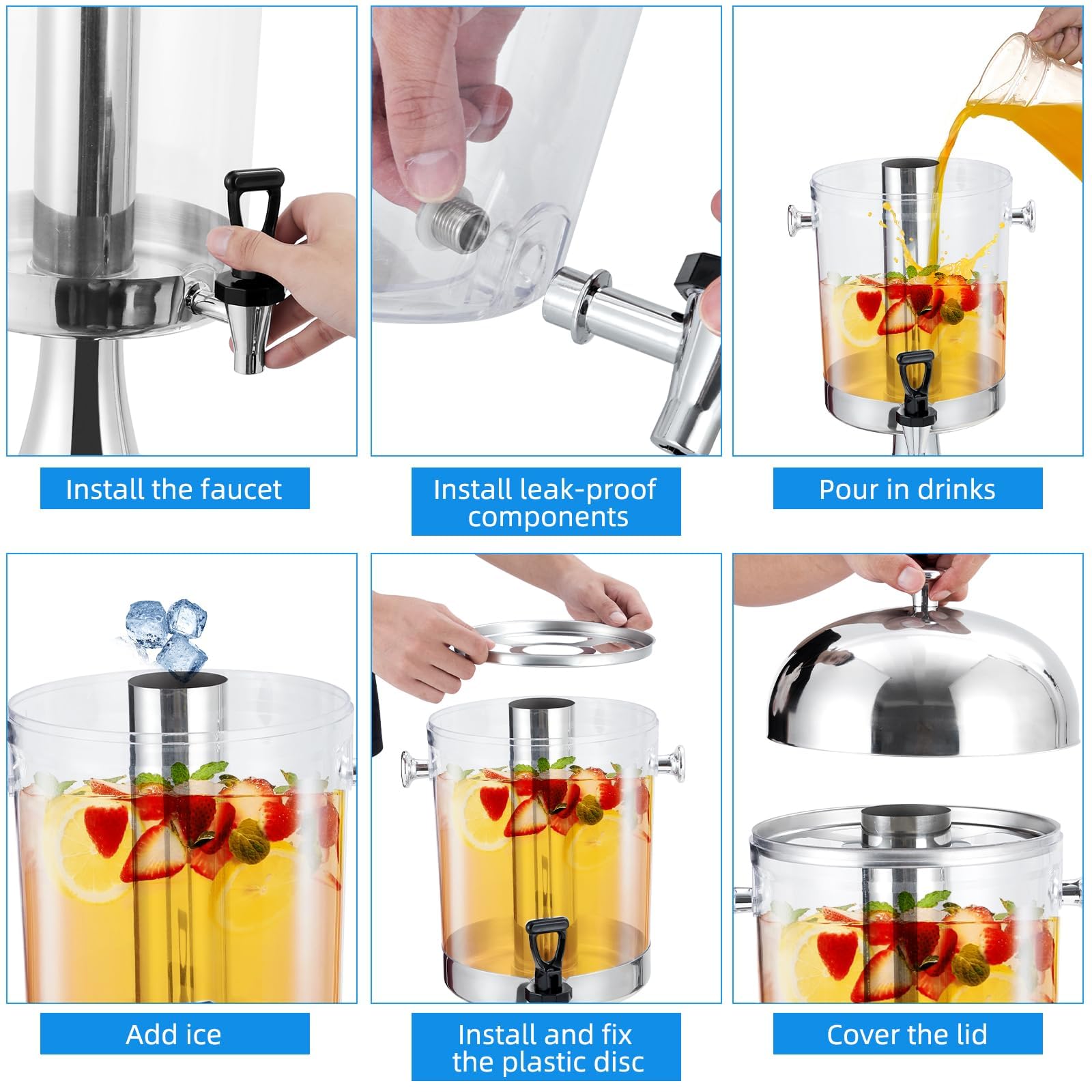 Dispensador de bebidas con núcleo de refrigeración de acero inoxidable, 2 x 8 l, con recipiente transparente de PC y bandeja de goteo, ideal para fiestas, buffet y catering, bebidas calientes y frías