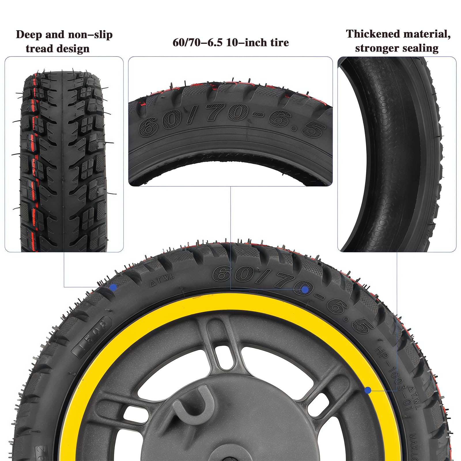 Pneu Tubeless AntidéFlagrant 60/70-6,5 10 Pouces, Roues De Rechange pour Trottinette, Pneu Tubeless Auto-RéParable, Pneu Tout-Terrain à Vide 60/70-6,5