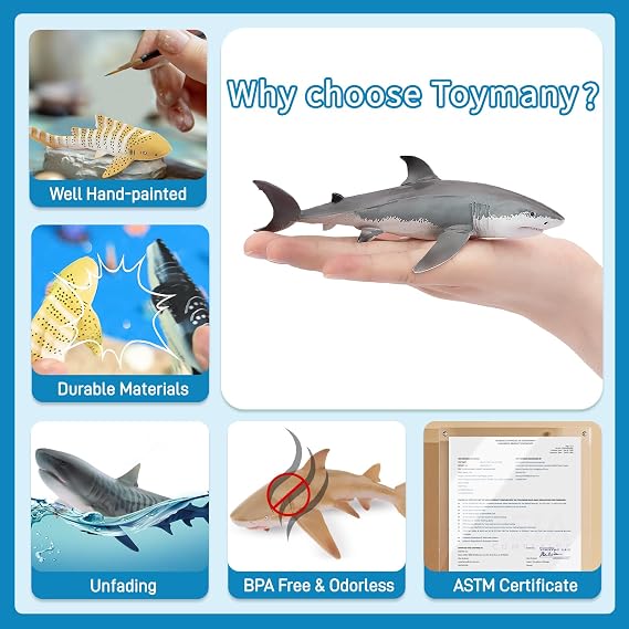 Toymany 10PCS 5-6 L Realistic Shark Bath Toy Figurines, Plastic Ocean Sea Animals Figures Set Includes Great White Shark Cake Toppers Christmas Birthday Gift for Kids Toddlers