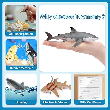 Toymany 10PCS 5-6 L Realistic Shark Bath Toy Figurines, Plastic Ocean Sea Animals Figures Set Includes Great White Shark Cake Toppers Christmas Birthday Gift for Kids Toddlers