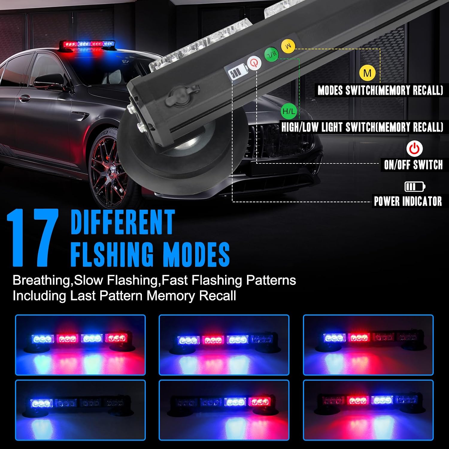 14.2'' Red Blue Wireless LED Rooftop Strobe Beacon Light Bar Rechargeable LED Emergency Hazard Warning Lights with Magnetic Base,17 Flashing Modes Strobe Light Bar for 12/24V Car,Truck